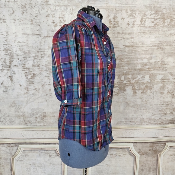 Vintage 1980s Plaid Blouse Grunge Shirt Top M Dark Academia Puff Sleeve - Picture 4 of 8